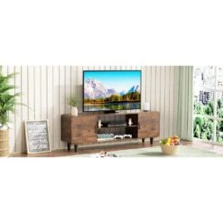 55-Inch TV Stand In Rustic Brown: Media Console Table With Storage Cabinets And Soft-Hinge Handles For Home Use -Tahanbath rustic brown tahanbath pantry organizers z dr hlrtt01z01n 76 1000