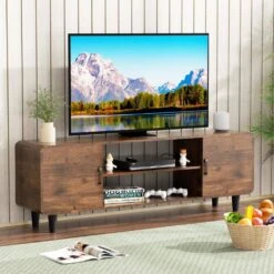 55-Inch TV Stand In Rustic Brown: Media Console Table With Storage Cabinets And Soft-Hinge Handles For Home Use -Tahanbath rustic brown tahanbath pantry organizers z dr hlrtt01z01n fa 1000