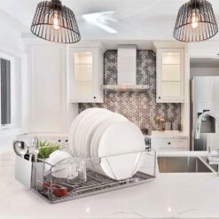 Silver Stainless Steel Standing Dish Rack With Drainboard For Kitchen Organize