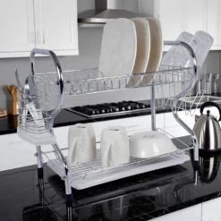 2-Tier Silver Chrome Standing Dish Rack With Plastic Draining Tray, Mug Stand, And Cutlery Holder