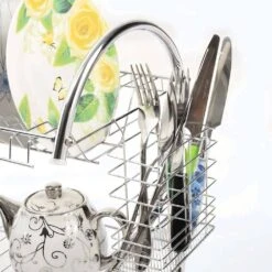 2 Tier Chrome S-Shaped Dish Rack With Side-Mounting Mug Stand And Cutlery Holder -Tahanbath silver tahanbath dish racks ct cl ha6fhj 4f 1000