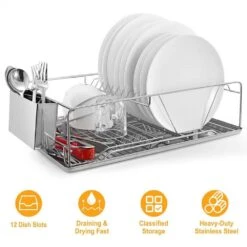 Silver Stainless Steel Standing Dish Rack With Drainboard For Kitchen -Tahanbath silver tahanbath dish racks ct cl xtyqsa 1f 1000