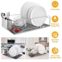 Silver Stainless Steel Standing Dish Rack With Drainboard For Kitchen -Tahanbath silver tahanbath dish racks ct cl xtyqsa c3 1000