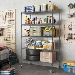 47 In. Heavy-Duty Adjustable Rolling Metal Shelf: 5-Tier Storage Solution For Kitchen, Closet And More In Silver