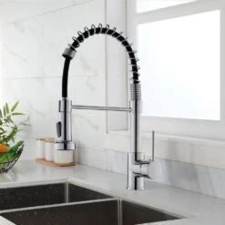 Single Handle Deck Mount Pull Down Sprayer Kitchen Faucet In Silver -Tahanbath siver pull down kitchen faucets q xy 289c 45 31 1000