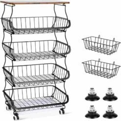 5 -Tier Fruit Basket For Kitchen Organizers And Storage, Stackable Metal Wire Basket Stand Cart With Wheels