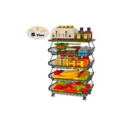 5 -Tier Fruit Basket For Kitchen Organizers And Storage, Stackable Metal Wire Basket Stand Cart With Wheels -Tahanbath tahanbath fruit baskets z d0102xfbgtx c3 1000