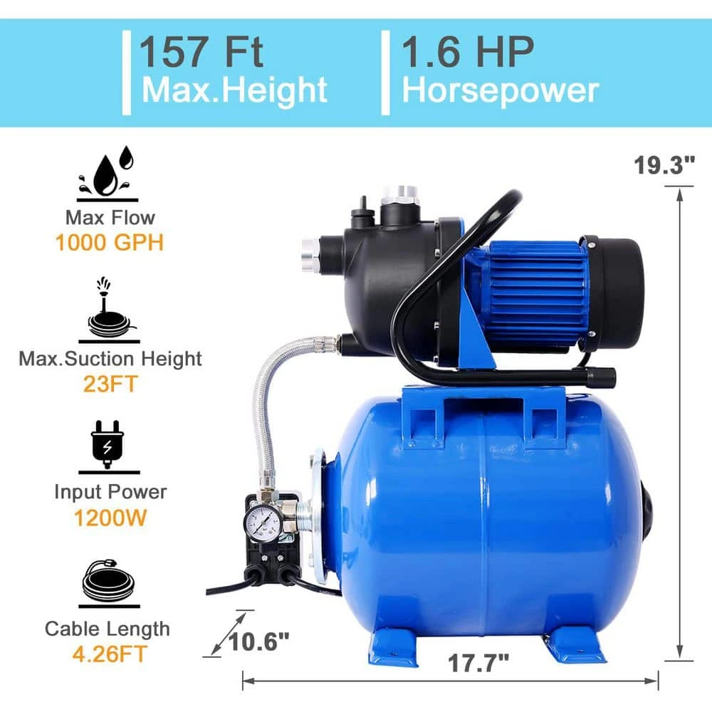 1.6 HP Shallow Well Pump With Pressure Tank-Garden/Irrigation Pump, Automatic Water Booster For Home/Lawn/Farm 5 1.6 HP Shallow Well Pump With Pressure Tank-Garden/Irrigation Pump, Automatic Water Booster For Home/Lawn/Farm - Image 5