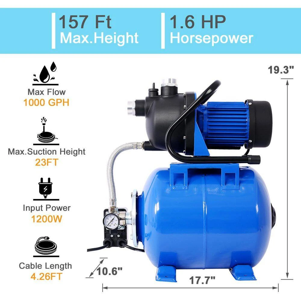 1.6 HP Shallow Well Pump With Pressure Tank-Garden/Irrigation Pump, Automatic Water Booster For Home/Lawn/Farm 10 1.6 HP Shallow Well Pump With Pressure Tank-Garden/Irrigation Pump, Automatic Water Booster For Home/Lawn/Farm - Image 10