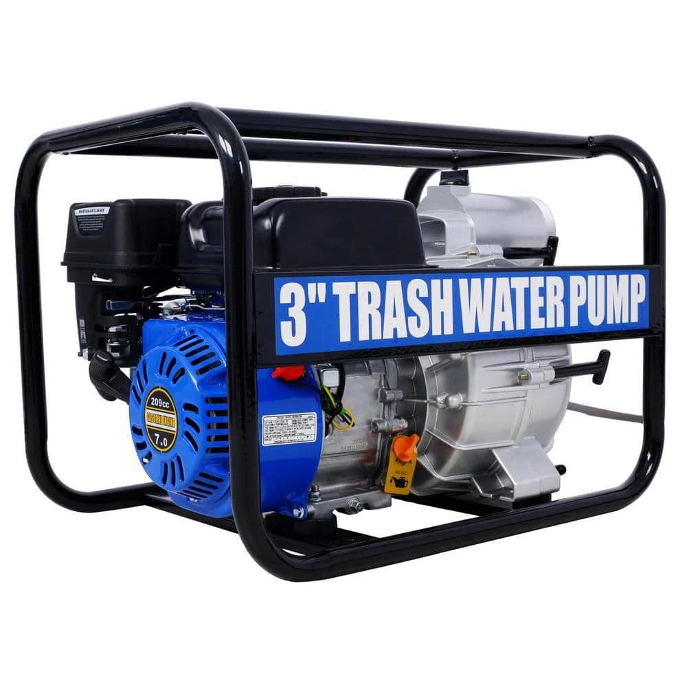 Trash Pump 3 In. 209cc 7HP 4 Stroke OHV ENGINE, Gas Powered Full Trash Water Pump 50 Ft. Discharge Hose 1 Trash Pump 3 In. 209cc 7HP 4 Stroke OHV ENGINE, Gas Powered Full Trash Water Pump 50 Ft. Discharge Hose