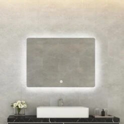 36 In. W X 28 In. H Frameless Rectangular Wall Mounted Bathroom Vanity Mirror In Transparent With LED Lighting -Tahanbath transparent tahanbath vanity mirrors w543 w54326743 zq 1d 1000