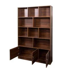 9.45 In. W X 47.24 In. D X 70.87 In. H Walnut Wood Freestanding Linen Cabinet With 10-Cubes And 3-Doors In Brown -Tahanbath walnut tahanbath linen cabinets ct xl p257393 1f 1000
