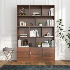 9.45 In. W X 47.24 In. D X 70.87 In. H Walnut Wood Freestanding Linen Cabinet With 10-Cubes And 3-Doors In Brown -Tahanbath walnut tahanbath linen cabinets ct xl p257393 31 1000