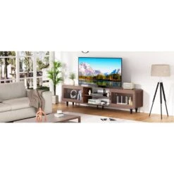 Walnut TV Stand: Fits 55-70 In. TVs, With Power Outlets, Sliding Doors And Open Shelf For Living Room -Tahanbath walnut tahanbath pantry organizers z dr hlrtt02z01n 1f 1000