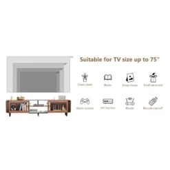 Walnut TV Stand: Fits 55-70 In. TVs, With Power Outlets, Sliding Doors And Open Shelf For Living Room -Tahanbath walnut tahanbath pantry organizers z dr hlrtt02z01n 44 1000