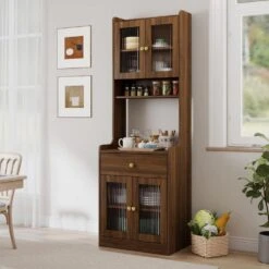 Farmhouse Kitchen Hutch Buffet Cabinet With Microwave Stand, Freestanding Buffet Sideboard Coffee Bar Cabinet In Walnut -Tahanbath walnut tahanbath pantry organizers z w688134370 31 1000