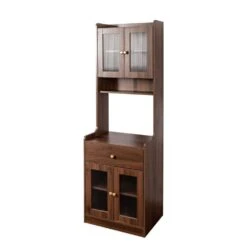 Farmhouse Kitchen Hutch Buffet Cabinet With Microwave Stand, Freestanding Buffet Sideboard Coffee Bar Cabinet In Walnut