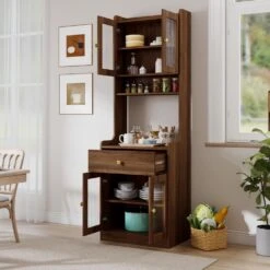 Farmhouse Kitchen Hutch Buffet Cabinet With Microwave Stand, Freestanding Buffet Sideboard Coffee Bar Cabinet In Walnut -Tahanbath walnut tahanbath pantry organizers z w688134370 76 1000
