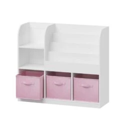 11.81 In. W X 36.22 In. D X 31.50 In. H MultiColored MDF Freestanding Linen Cabinet With 3-Fabric Drawers In White/Pink