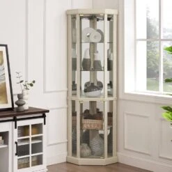 16.50 In. W X 16.50 In. H White Lighted Corner Curio Cabinet-Glass Display Case W/Built-in Lighting For Antiques & Wine -Tahanbath white tahanbath assembled kitchen cabinets z w1758p294617 1d 1000