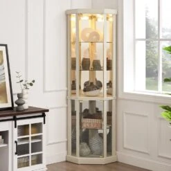 16.50 In. W X 16.50 In. H White Lighted Corner Curio Cabinet-Glass Display Case W/Built-in Lighting For Antiques & Wine -Tahanbath white tahanbath assembled kitchen cabinets z w1758p294617 76 1000