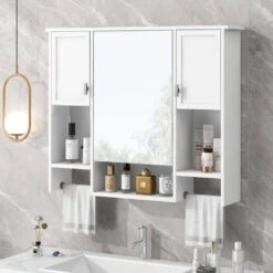 6.70 In. W X 35.00 In. D X 28.70 In. H Bathroom Storage Wall Cabinet With Mirror Towels Bar In White -Tahanbath white tahanbath bathroom wall cabinets z b200120600 31 1000