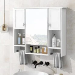 6.70 In. W X 35.00 In. D X 28.70 In. H Bathroom Storage Wall Cabinet With Mirror Towels Bar In White -Tahanbath white tahanbath bathroom wall cabinets z b200120600 4f 1000