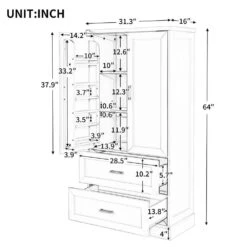 16.00 In. W X 31.30 In. D X 64.00 In. H Bathroom Storage Wall Cabinet In White -Tahanbath white tahanbath bathroom wall cabinets z n725p178675k 44 1000