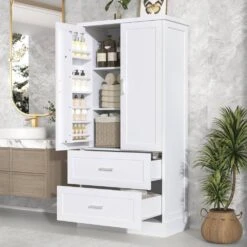 16.00 In. W X 31.30 In. D X 64.00 In. H Bathroom Storage Wall Cabinet In White -Tahanbath white tahanbath bathroom wall cabinets z n725p178675k fa 1000
