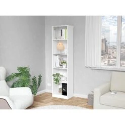 71.10 In. Tall Particle Board Sutton Slim Bookcase With Modern 5-Shelf Design In White