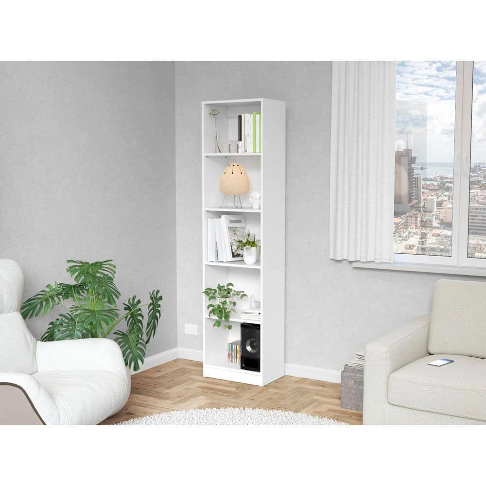 71.10 In. Tall Particle Board Sutton Slim Bookcase With Modern 5-Shelf Design In White 1 71.10 In. Tall Particle Board Sutton Slim Bookcase With Modern 5-Shelf Design In White