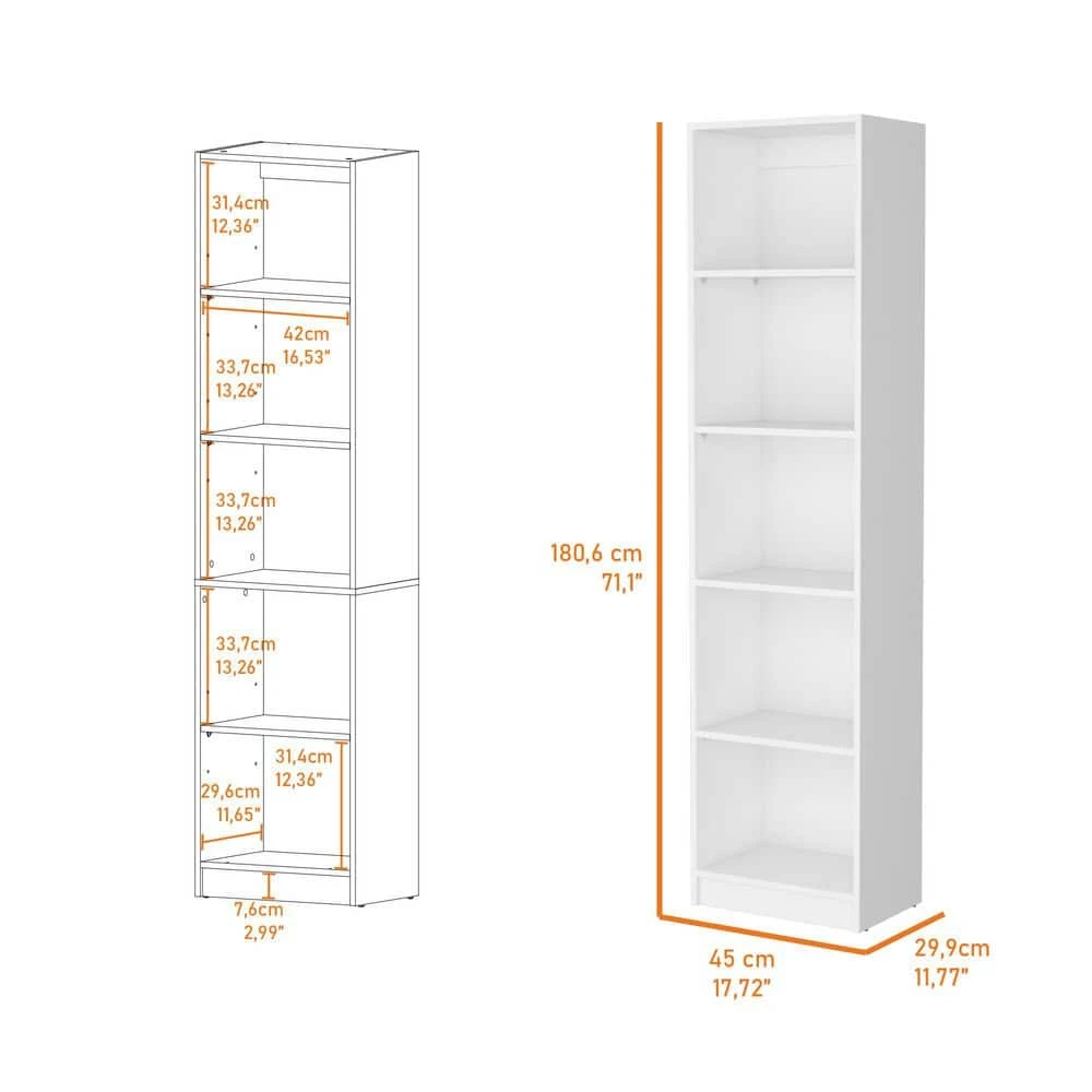 71.10 In. Tall Particle Board Sutton Slim Bookcase With Modern 5-Shelf Design In White 3 71.10 In. Tall Particle Board Sutton Slim Bookcase With Modern 5-Shelf Design In White - Image 3