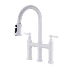Single Handle Bridge Kitchen Faucet With Pull-Down Sprayhead In Spot In White