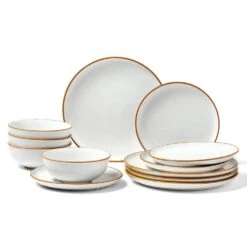 12 PCS Dinnerware Set Ceramic Plates And Bowls Sets Service For 4 White