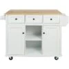 White Kitchen Cart With Rubber Wood Drop-Leaf Countertop, 3 Drawers, Cabinet Storage And 5 Wheels