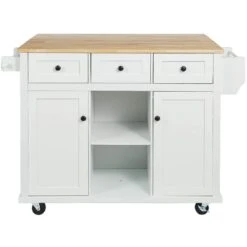 White Kitchen Cart With Rubber Wood Drop-Leaf Countertop, 3 Drawers, Cabinet Storage And 5 Wheels