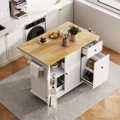 53.9 In. Rolling Kitchen Cart Island With Drop Leaf: 3-Tier Pull-Out Storage, Spice/Towel Racks And Internal In White -Tahanbath white tahanbath kitchen carts z wf312383aaw 31 1000
