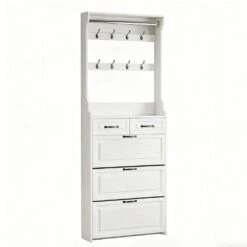9.25 In. W X 31.50 In. D X 86.62 In. H White Particle Board Freestanding Linen Cabinet With Doors And 2 Drawers In White