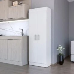 11.90 In. W X 23.60 In. D X 66.80 In. H White Wood Freestanding Linen Cabinet With 5-Shelf For Room In White -Tahanbath white tahanbath linen cabinets ct xl p175200 31 1000