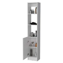 13.03 In. W X 10.43 In. D X 70.87 In. H White Wood Freestanding Linen Cabinet W/3-Open Shelves And Door In White -Tahanbath white tahanbath linen cabinets ct xl p189936 1f 1000