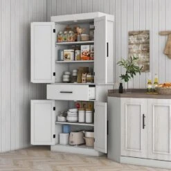 20.90 In. W X 15 In. D X 47 In. H White Particle Board Freestanding Linen Cabinet With 5-Shelves And Drawer In White -Tahanbath white tahanbath linen cabinets ct xl p229637 31 1000