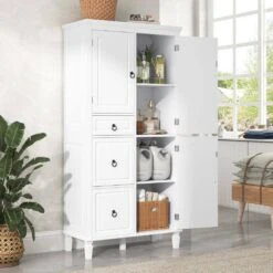 15 In. W X 30.60 In. D X 61.70 In. H White MDF Freestanding Linen Cabinet With 3 Drawers And Adjustable Shelves In White -Tahanbath white tahanbath linen cabinets ct xl p236498k 31 1000