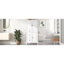 15 In. W X 30.60 In. D X 61.70 In. H White MDF Freestanding Linen Cabinet With 3 Drawers And Adjustable Shelves In White -Tahanbath white tahanbath linen cabinets ct xl p236498k 77 1000
