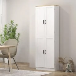 11.80 In. W X 23.50 In. D X 67.30 In. H White Particle Board Freestanding Linen Cabinet With 4-Door And Shelves In White -Tahanbath white tahanbath linen cabinets ct xl p249923 31 1000