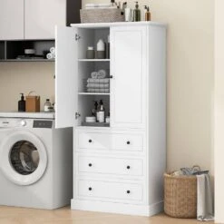 16.40 In. W X 32.80 In. D X 69.20 In. H White MDF Freestanding Linen Cabinet With 3-Drawers And Shelves In White -Tahanbath white tahanbath linen cabinets ct xl p262026k 31 1000