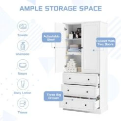 16.40 In. W X 32.80 In. D X 69.20 In. H White MDF Freestanding Linen Cabinet With 3-Drawers And Shelves In White -Tahanbath white tahanbath linen cabinets ct xl p262026k 76 1000