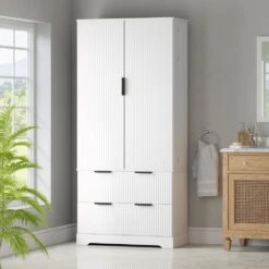 15.75 In. W X 31.49 In. D X 71.65 In. H White MDF Freestanding Linen Cabinet With 2-Drawers And 8-Door In White -Tahanbath white tahanbath linen cabinets ct xl p294993 31 1000