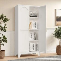 13.80 In. W X 27.60 In. D X 61 In. H White Steel Freestanding Linen Cabinet W/Doors And Adjustable Shelves In White -Tahanbath white tahanbath linen cabinets ct xl p306328 31 1000
