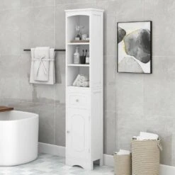 13.4 In. W X 9.1 In. D X 66.9 In. H White MDF Freestanding Linen Cabinet With Drawer In White -Tahanbath white tahanbath linen cabinets q g wf289423aak 31 1000