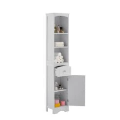 13.4 In. W X 9.1 In. D X 66.9 In. H White MDF Freestanding Linen Cabinet With Drawer In White -Tahanbath white tahanbath linen cabinets q g wf289423aak 4f 1000